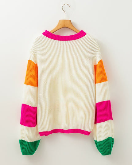 Beige Colorblock Flower Print Cable Knit Loose Sweater – Cozy and Chic