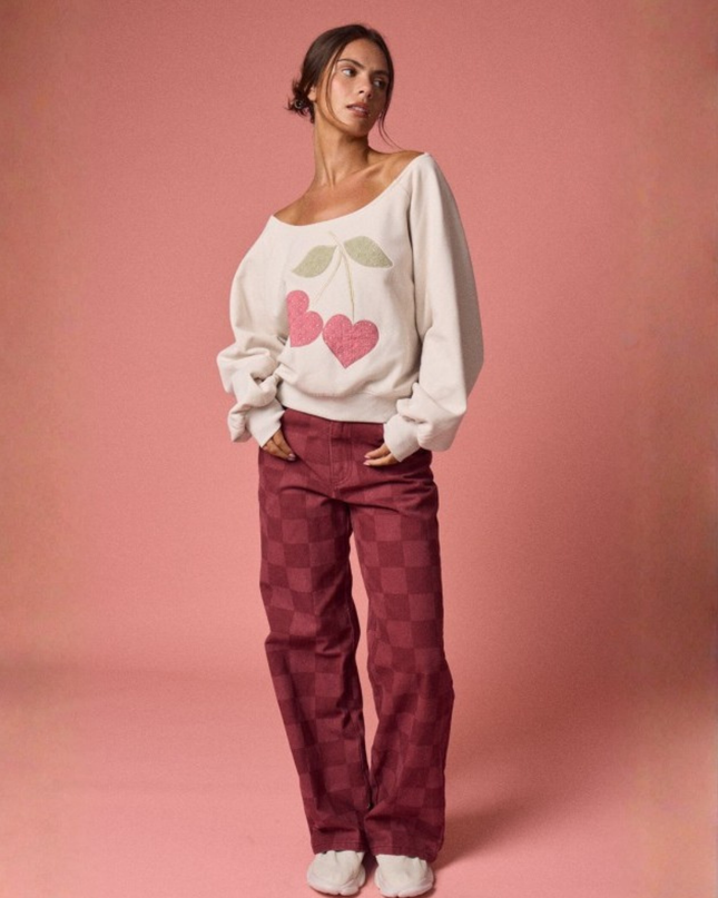 Cute Off-Shoulder Cherry Embroidered Pullover – Cozy Girl Style
