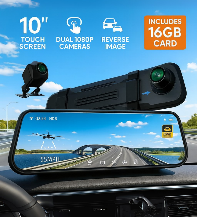 Smart  Mirror with Front & Rear Camera, 2.5K Touchscreen, GPS & 16GB SD Card