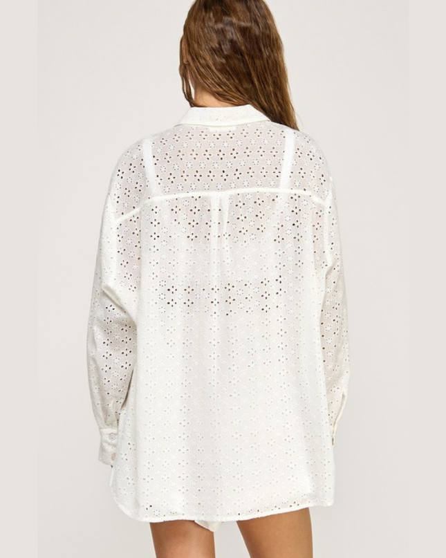 Oversized Eyelet Button Down Shirt for Women – Resort Beach Cover Up