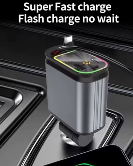 Fast Charging Car Charger with Retractable Cables for iPhone & Android