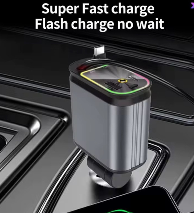 Fast Charging Car Charger with Retractable Cables for iPhone & Android
