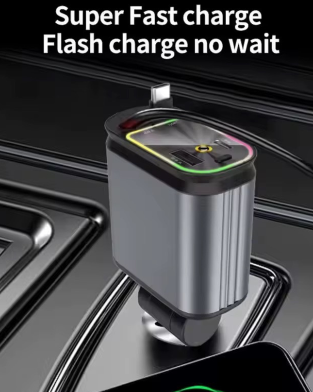 Fast Charging Car Charger with Retractable Cables for iPhone & Android