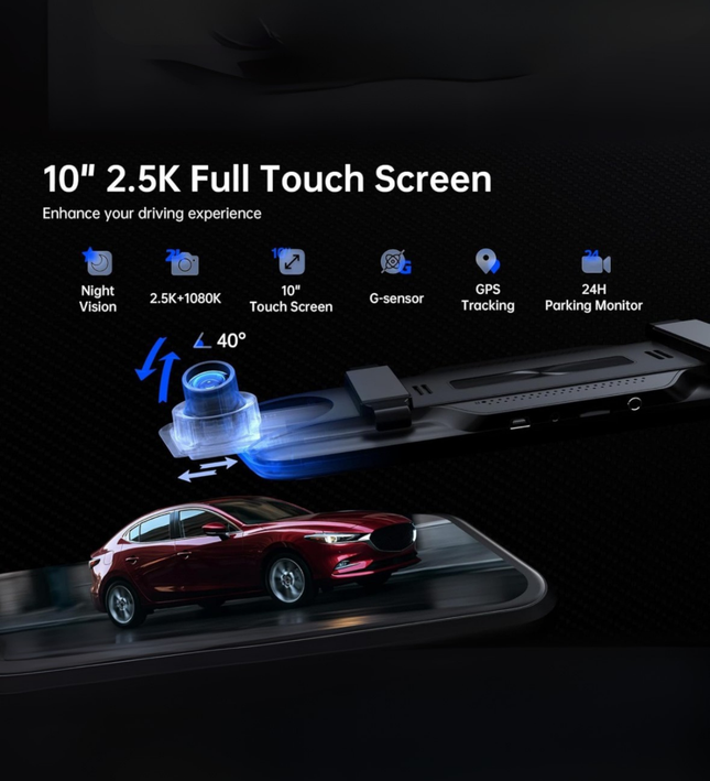 Smart  Mirror with Front & Rear Camera, 2.5K Touchscreen, GPS & 16GB SD Card