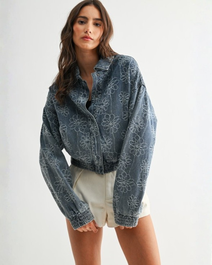 Embroidered Denim Flower Jacket — Retro Cropped Streetwear