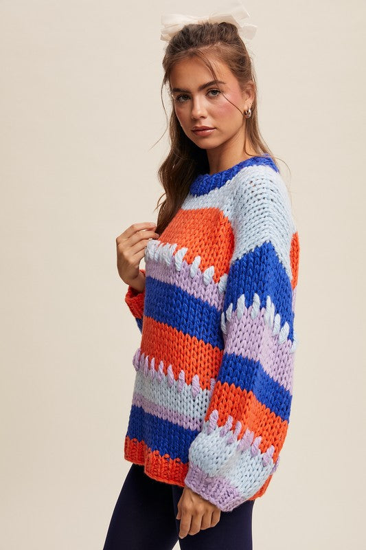 Striped Multicolor Hand-Crocheted Pullover Sweater