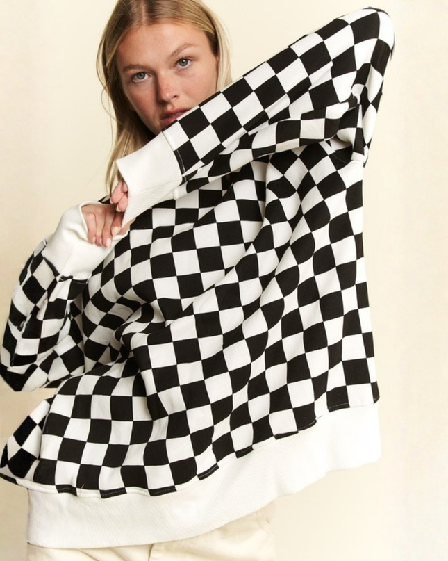 Oversized Checkered Sweatshirt – Geometric Chess Print Crewneck (Orange/White) | Trendy Streetwear Pullovers