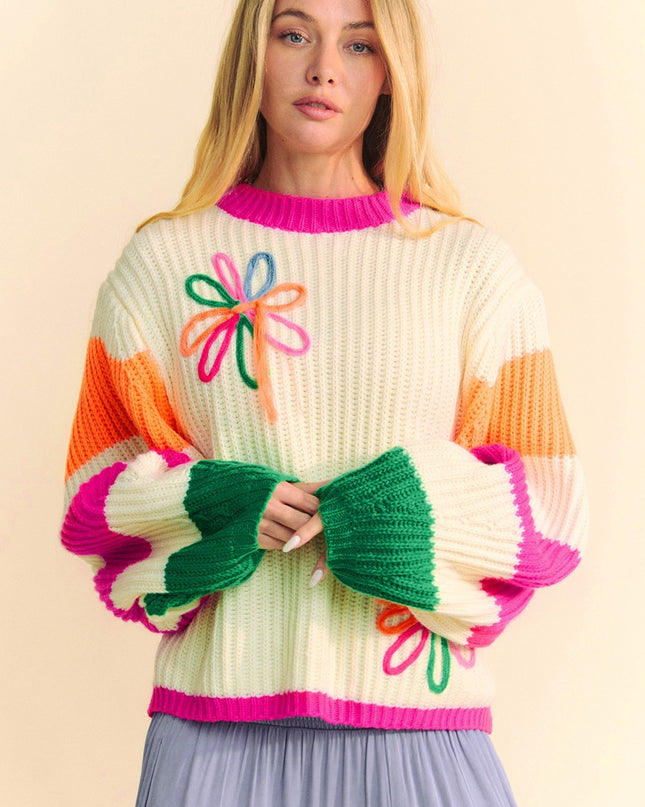 Beige Colorblock Flower Print Cable Knit Loose Sweater – Cozy and Chic