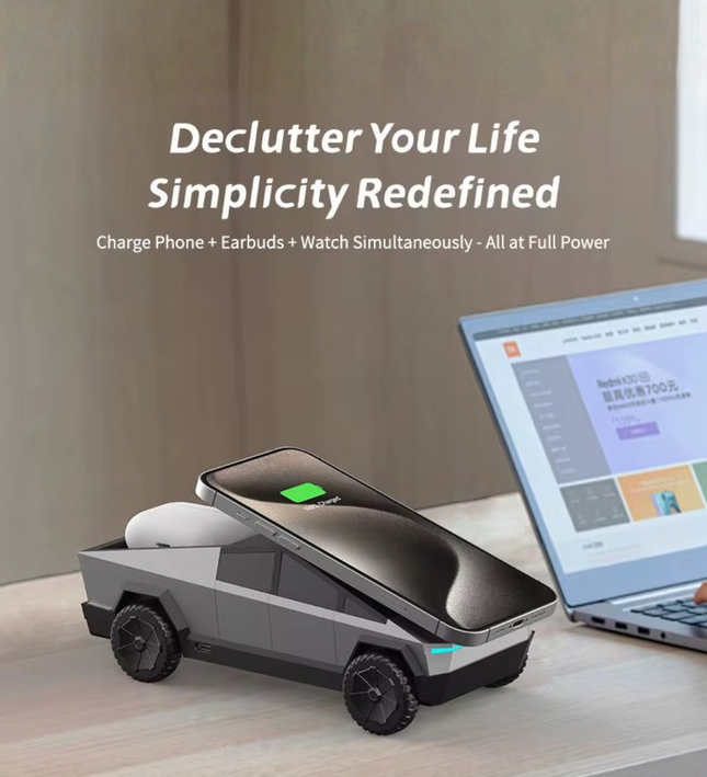 Cybertruck 3-in-1 Wireless Charging Station – Fast Charger for iPhone, AirPods & Apple Watch
