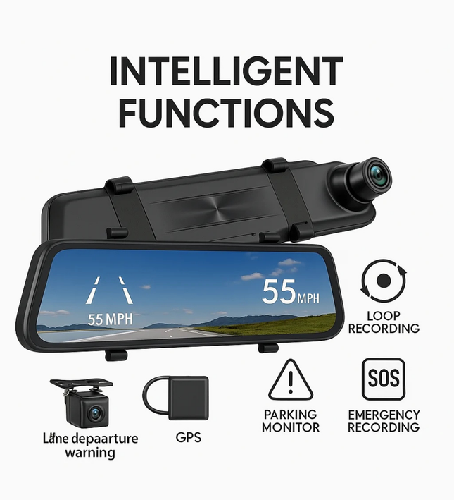 Smart  Mirror with Front & Rear Camera, 2.5K Touchscreen, GPS & 16GB SD Card