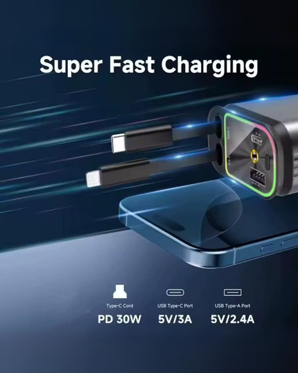 Fast Charging Car Charger with Retractable Cables for iPhone & Android