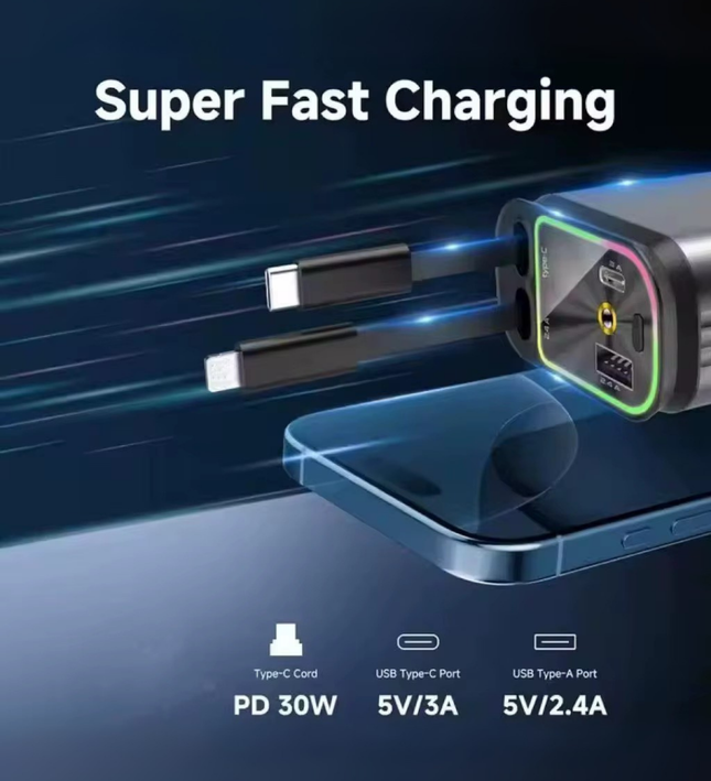 Fast Charging Car Charger with Retractable Cables for iPhone & Android