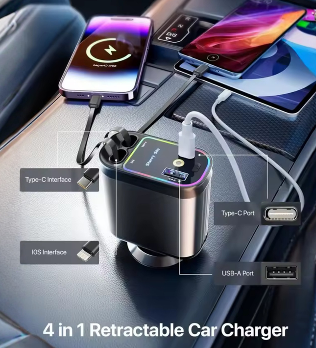 Fast Charging Car Charger with Retractable Cables for iPhone & Android