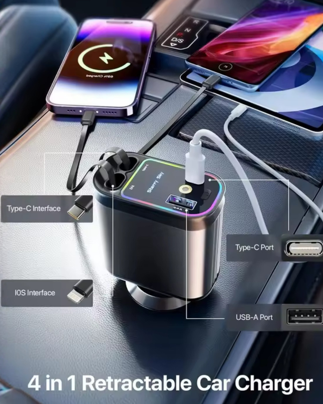 Fast Charging Car Charger with Retractable Cables for iPhone & Android
