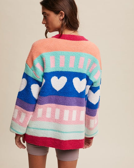 Colorblock Heart Striped Fuzzy Sweater – Retro Rainbow Cozy Knit