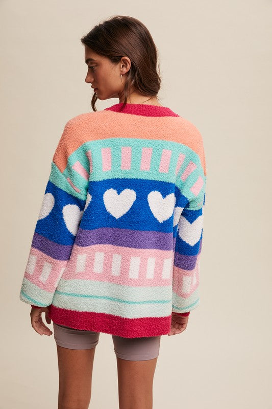 Colorblock Heart Striped Fuzzy Sweater – Retro Rainbow Cozy Knit