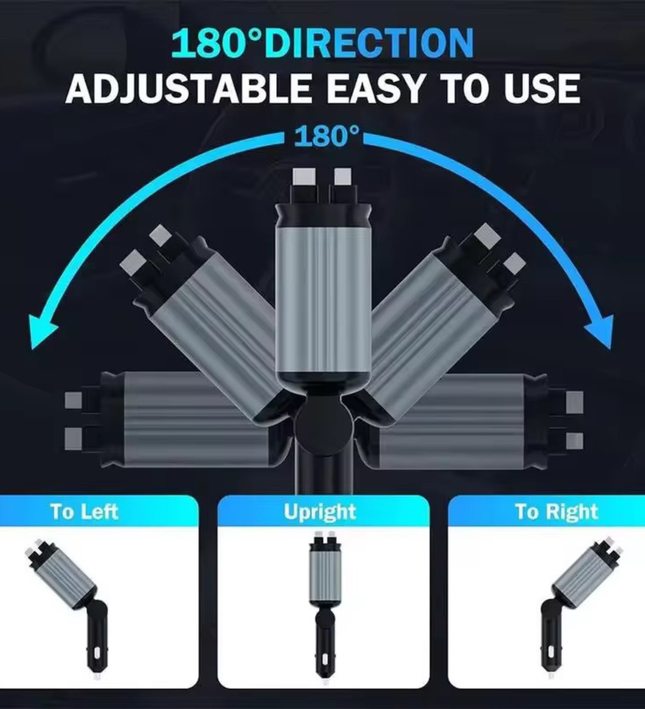 Fast Charging Car Charger with Retractable Cables for iPhone & Android