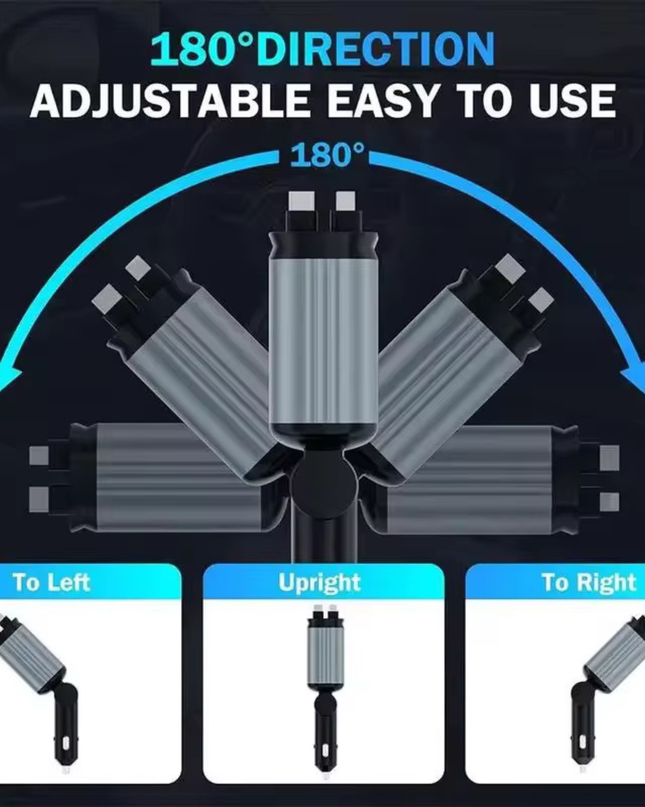 Fast Charging Car Charger with Retractable Cables for iPhone & Android