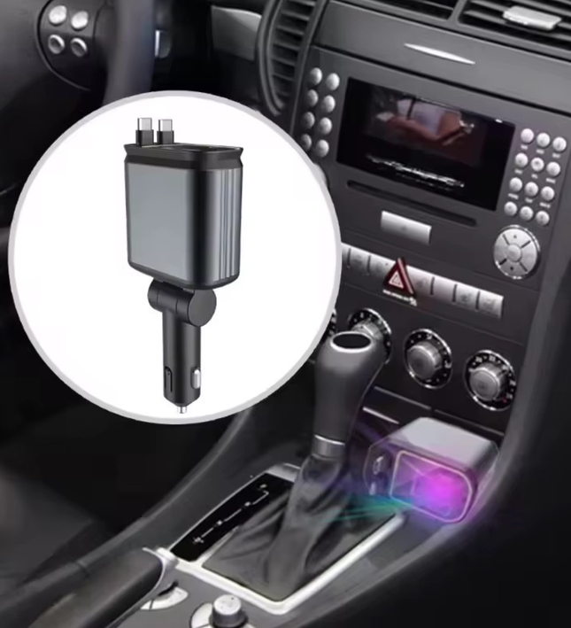 Fast Charging Car Charger with Retractable Cables for iPhone & Android