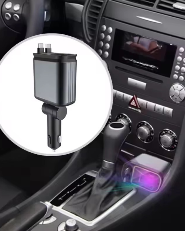 Fast Charging Car Charger with Retractable Cables for iPhone & Android