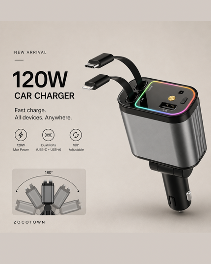 Fast Charging Car Charger with Retractable Cables for iPhone & Android