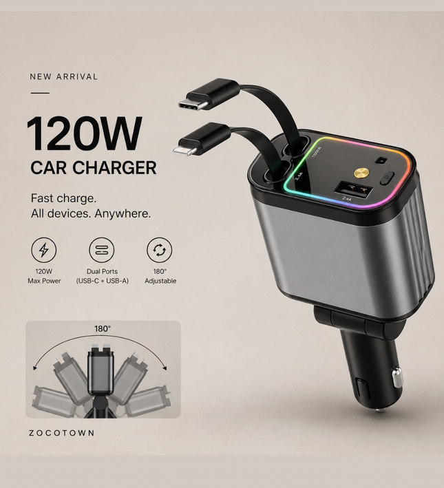 Fast Charging Car Charger with Retractable Cables for iPhone & Android