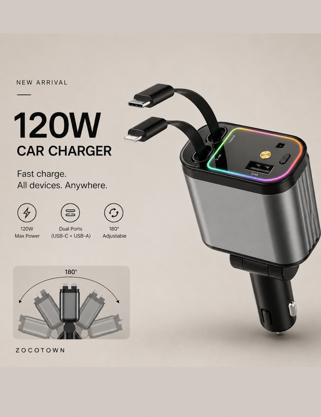 Fast Charging Car Charger with Retractable Cables for iPhone & Android