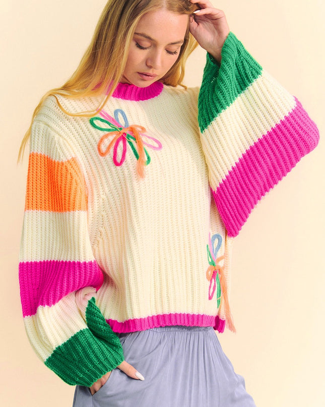 Beige Colorblock Flower Print Cable Knit Loose Sweater – Cozy and Chic