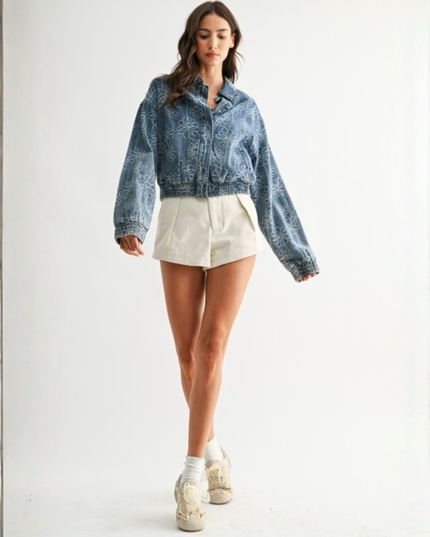 Embroidered Denim Flower Jacket — Retro Cropped Streetwear