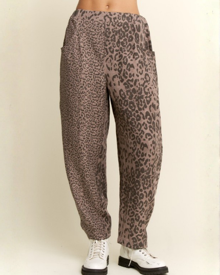 Mocha Leopard Print Wide-Leg Baggy Pants with Pockets