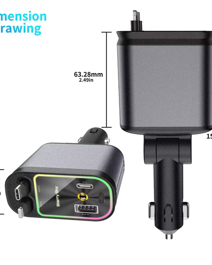 Fast Charging Car Charger with Retractable Cables for iPhone & Android