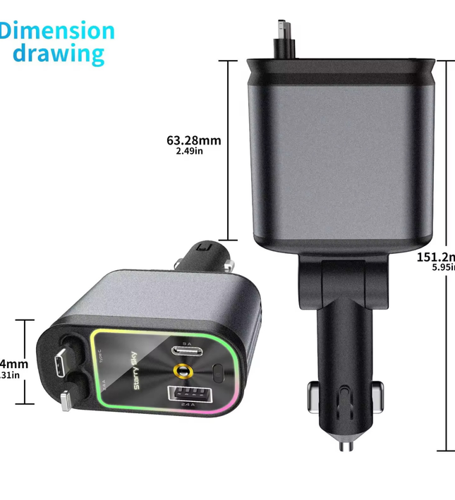 Fast Charging Car Charger with Retractable Cables for iPhone & Android