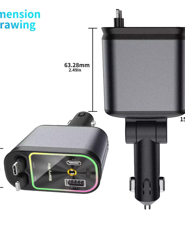 Fast Charging Car Charger with Retractable Cables for iPhone & Android