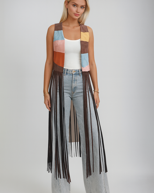 Coachella-Inspired Boho Fringe Vest – Retro Sunset Knit with Western Cowboy Vibes