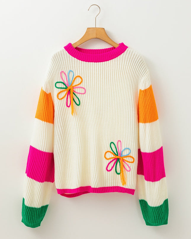 Beige Colorblock Flower Print Cable Knit Loose Sweater – Cozy and Chic