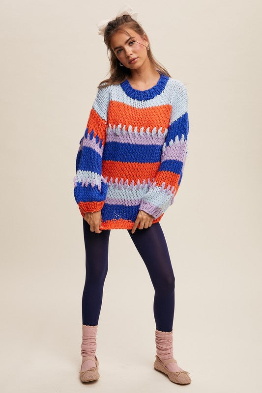 Striped Multicolor Hand-Crocheted Pullover Sweater