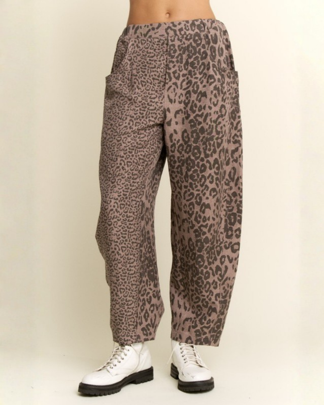 Mocha Leopard Print Wide-Leg Baggy Pants with Pockets