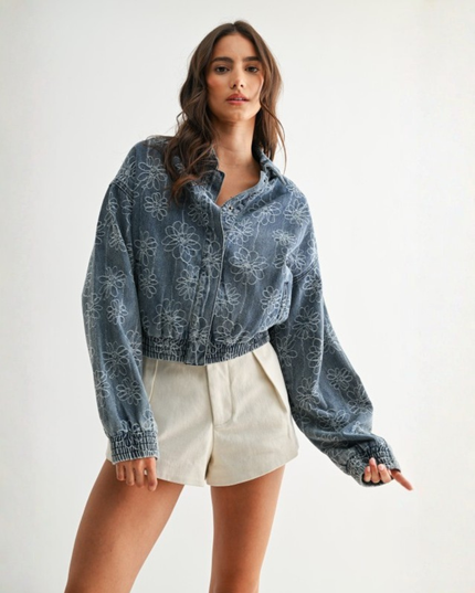 Embroidered Denim Flower Jacket — Retro Cropped Streetwear