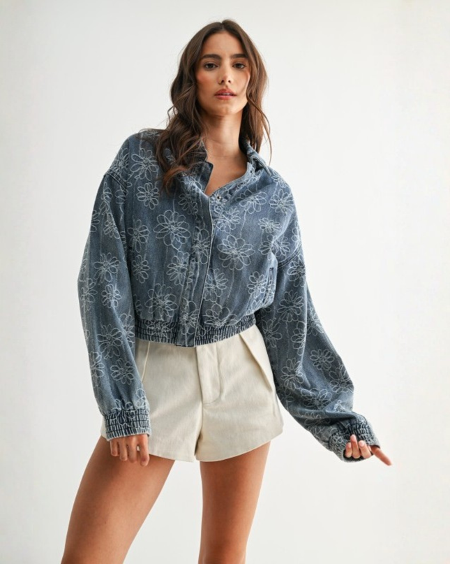 Embroidered Denim Flower Jacket — Retro Cropped Streetwear
