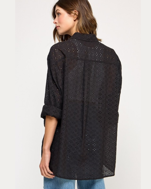 Oversized Eyelet Button Down Shirt for Women – Resort Beach Cover Up