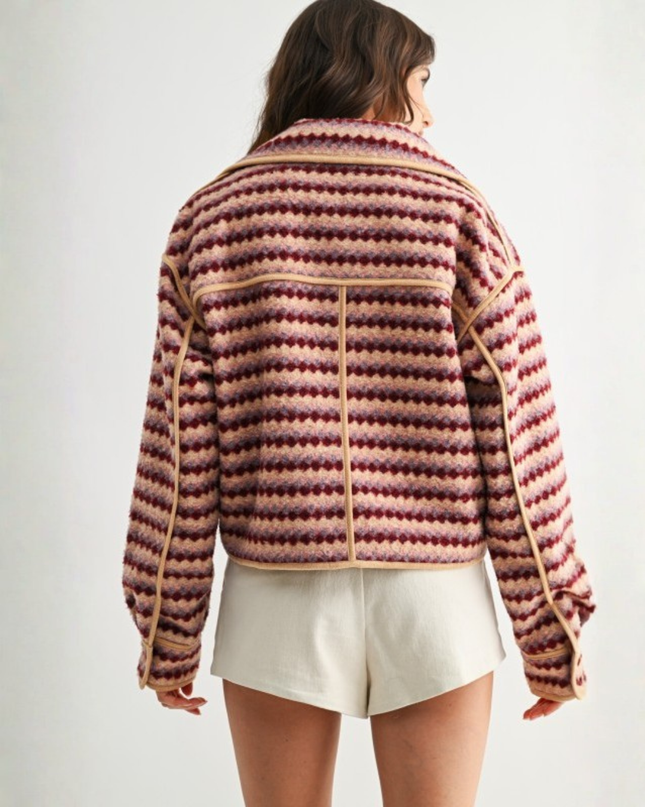 Retro Chevron Zip-Up Jacket – Burgundy Multi | Textured Vintage Style Outerwear