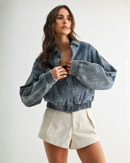 Embroidered Denim Flower Jacket — Retro Cropped Streetwear