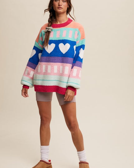Colorblock Heart Striped Fuzzy Sweater – Retro Rainbow Cozy Knit