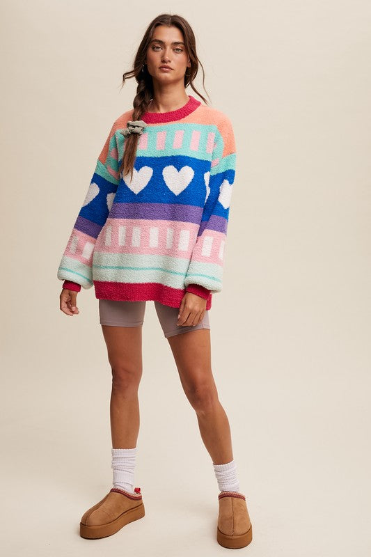 Colorblock Heart Striped Fuzzy Sweater – Retro Rainbow Cozy Knit