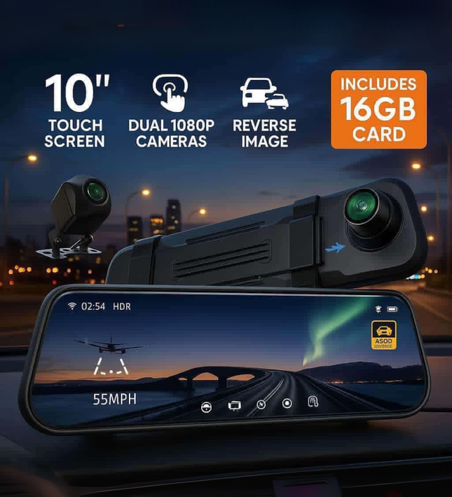 Smart  Mirror with Front & Rear Camera, 2.5K Touchscreen, GPS & 16GB SD Card