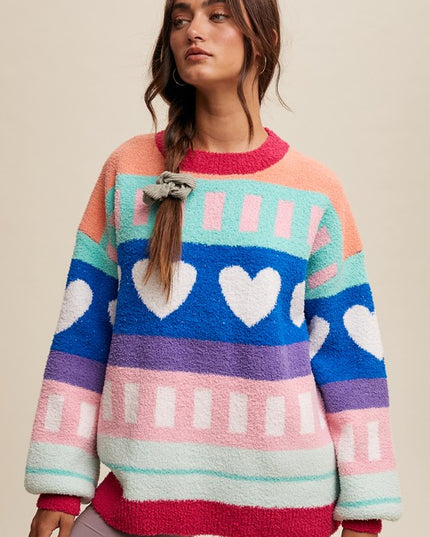Colorblock Heart Striped Fuzzy Sweater – Retro Rainbow Cozy Knit