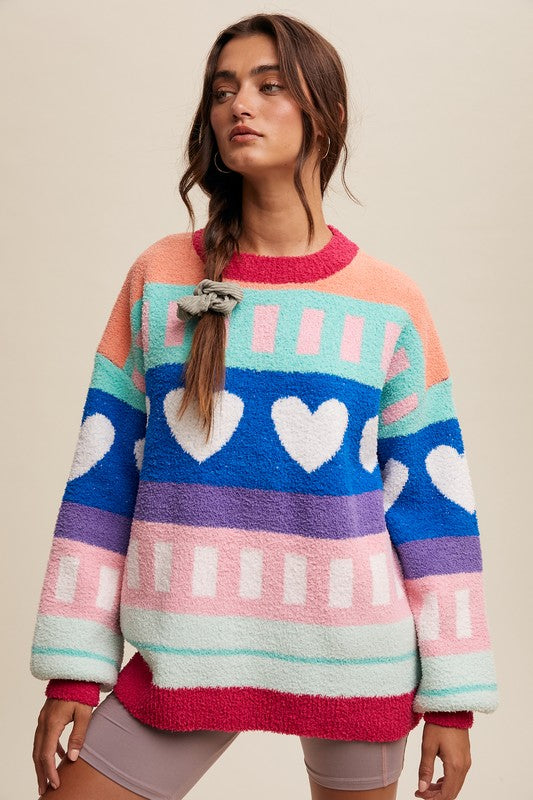 Colorblock Heart Striped Fuzzy Sweater – Retro Rainbow Cozy Knit