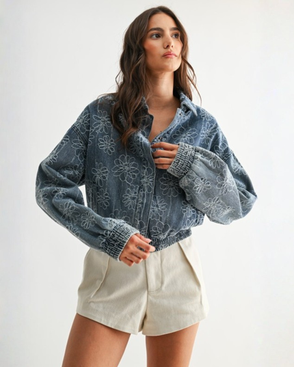 Embroidered Denim Flower Jacket — Retro Cropped Streetwear