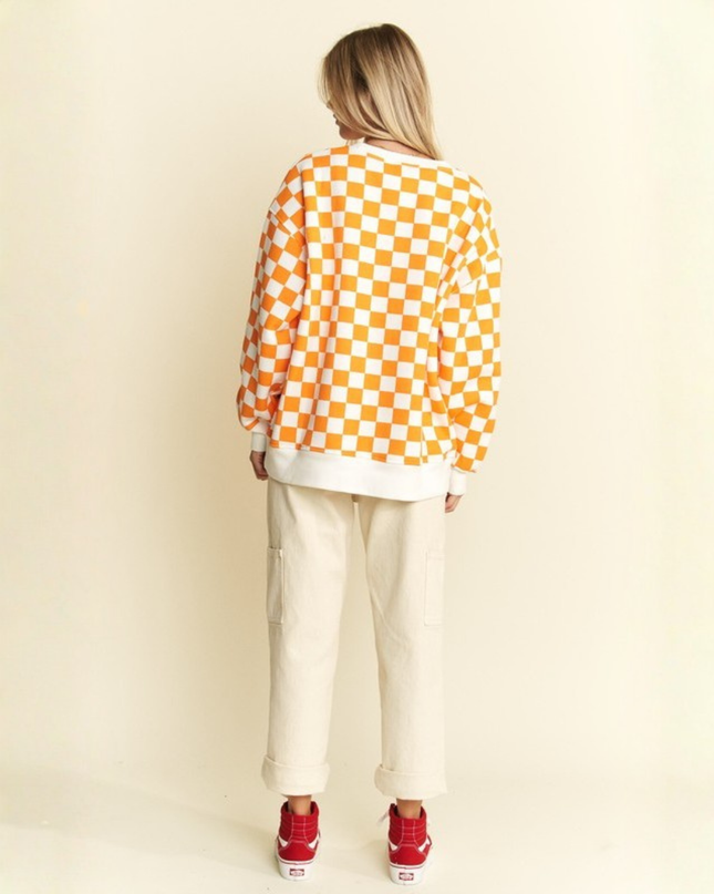 Oversized Checkered Sweatshirt – Geometric Chess Print Crewneck (Orange/White) | Trendy Streetwear Pullovers